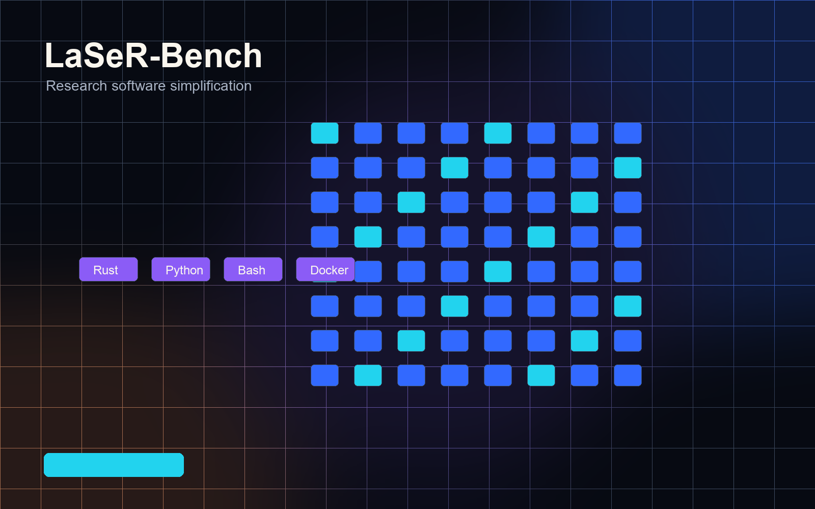 Abstract benchmark grid visual representing LaSeR-Bench data storage and automation.